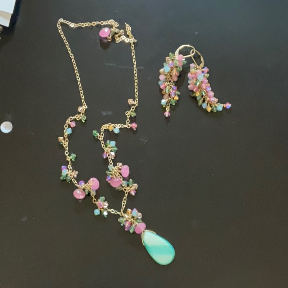 Elegant gold chain with beautiful pink blue green crystals matching earrings